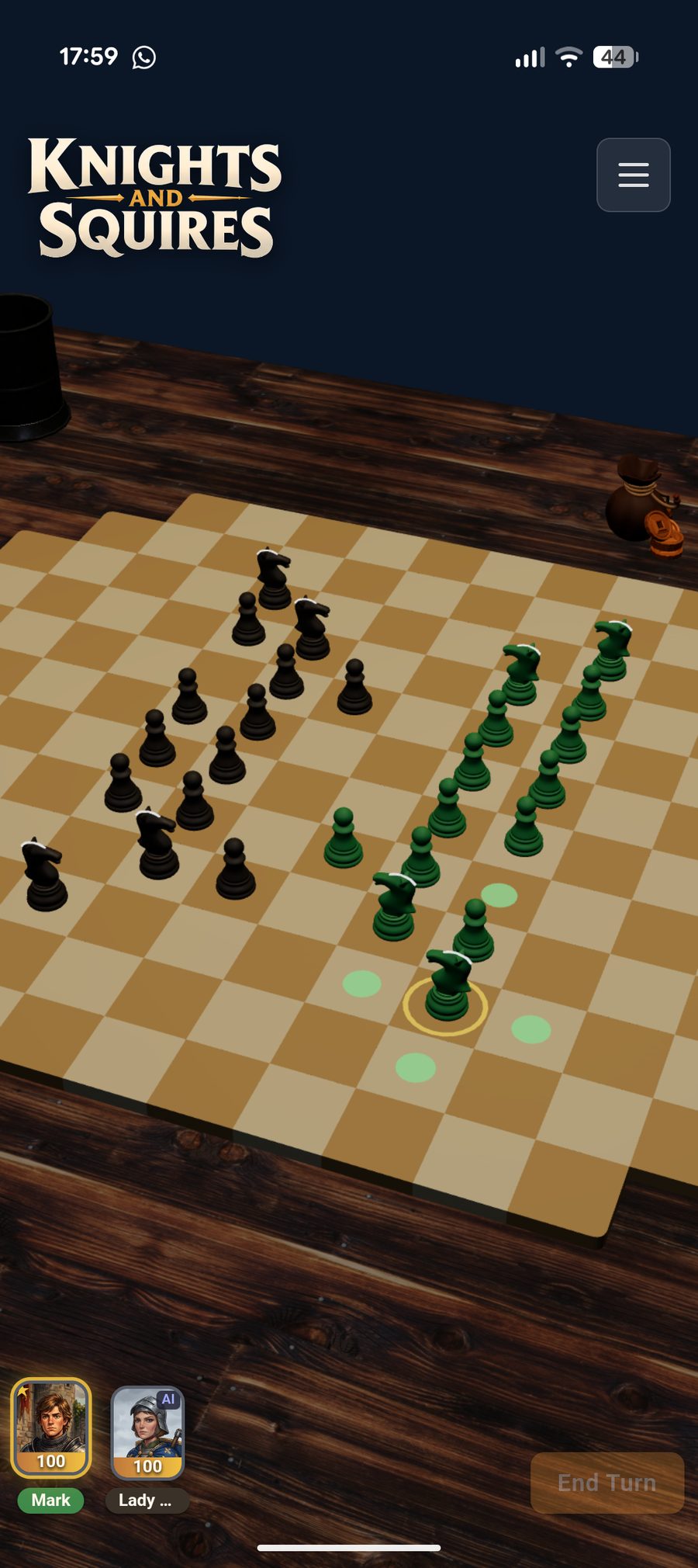 A chain of knight moves mid-battle on the mobile app